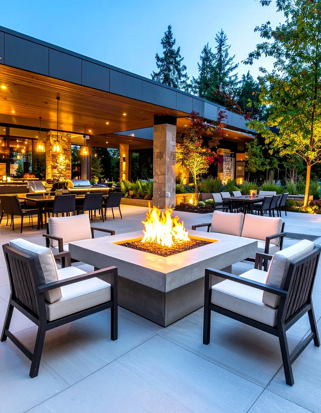 Stamped Concrete Fire Pit with Dining Area Integration