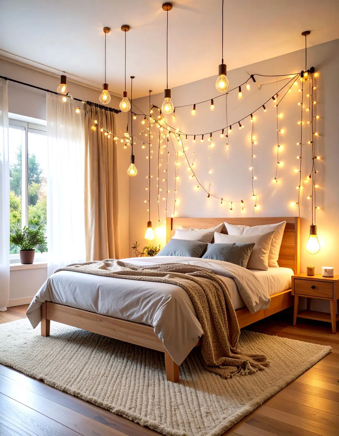 String Lights Canopy Above Bed