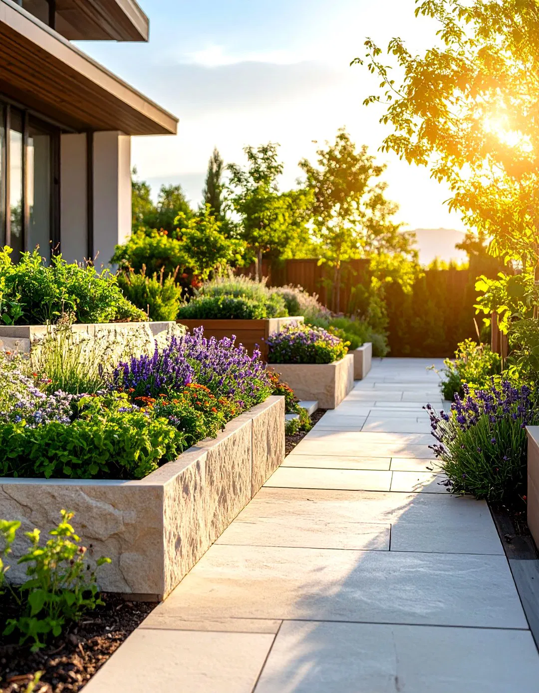 Limestone Terrace with Integrated Planters