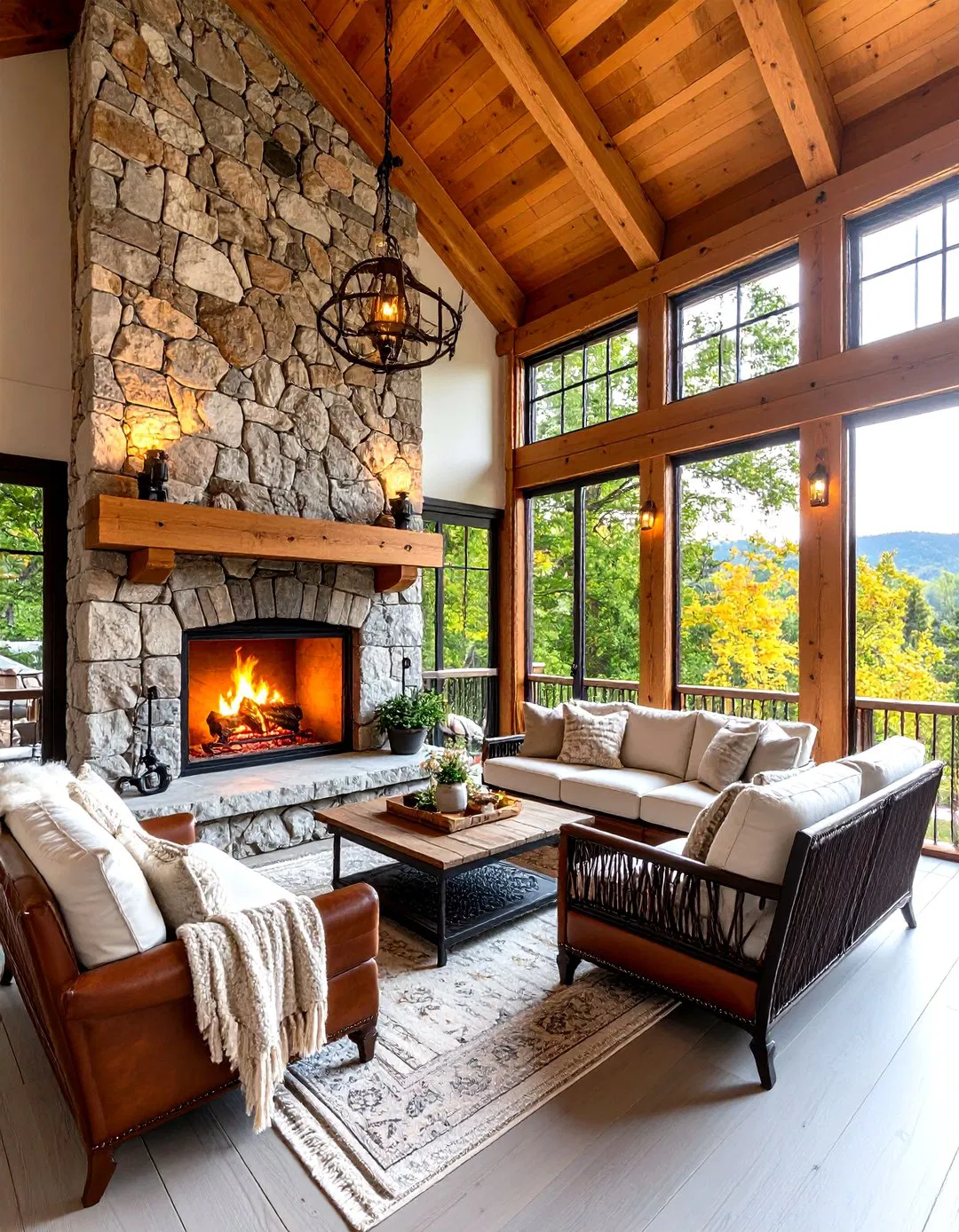 Cabin Lodge Wood-Burning Fireplace - Screened Porch Ideas