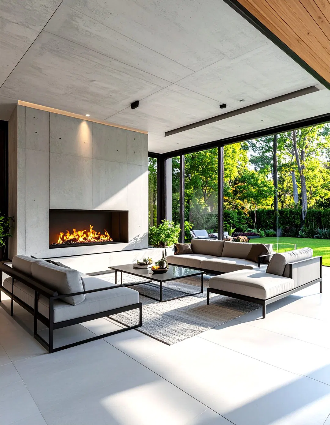 Minimalist Concrete Fireplace Wall - Screened Porch Ideas