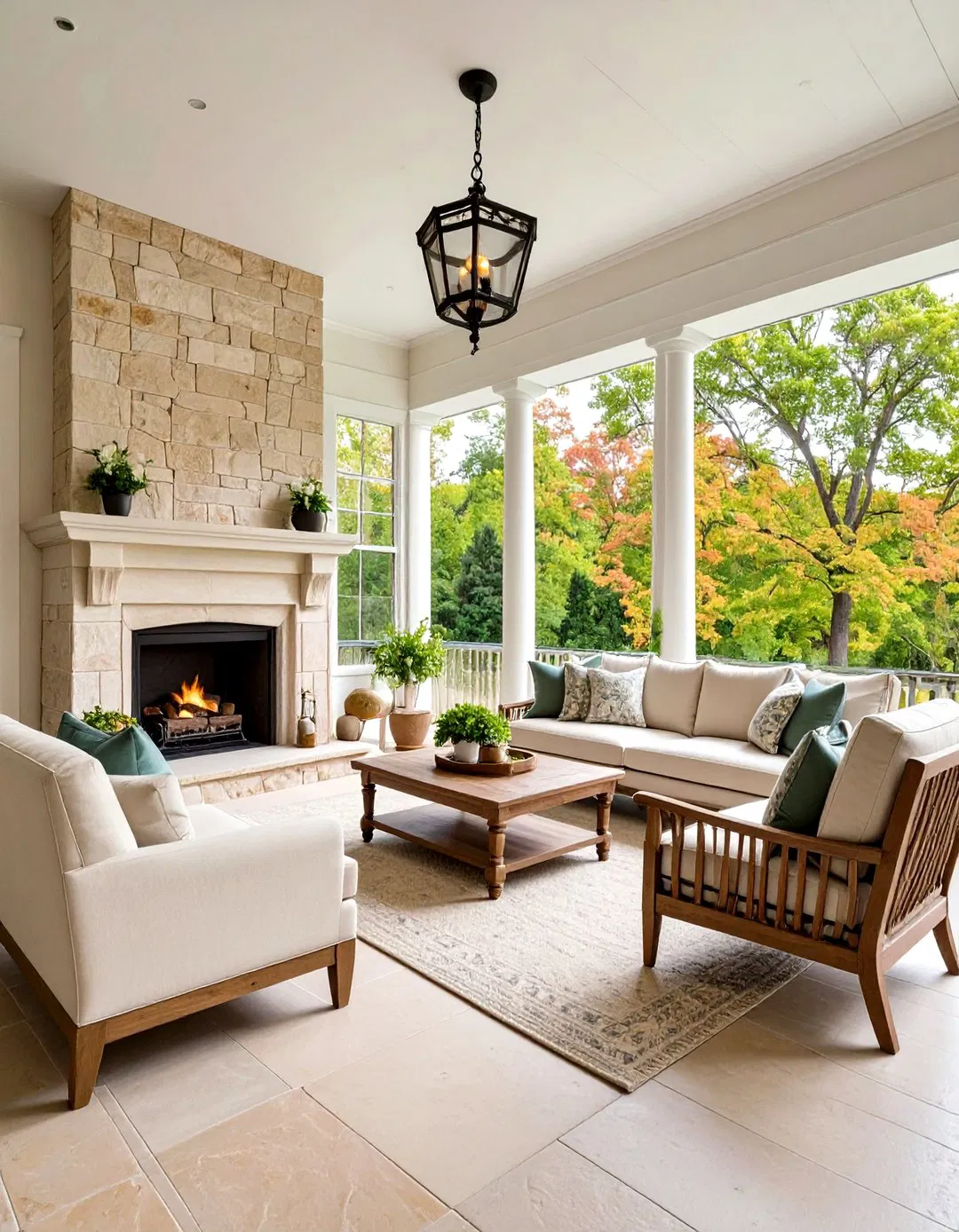 French Country Limestone Fireplace - Screened Porch Ideas