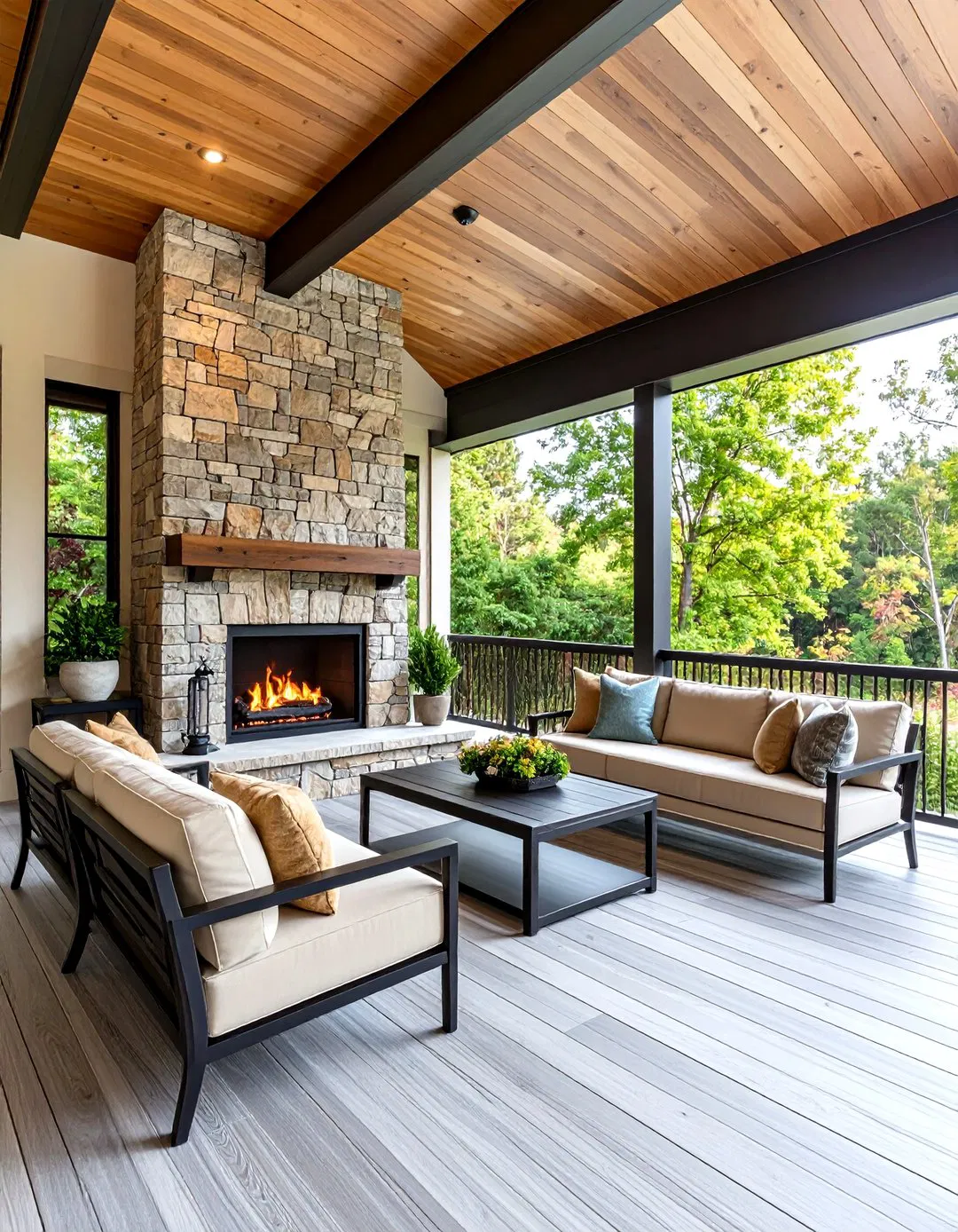 Transitional Stone and Steel Fireplace - Screened Porch Ideas