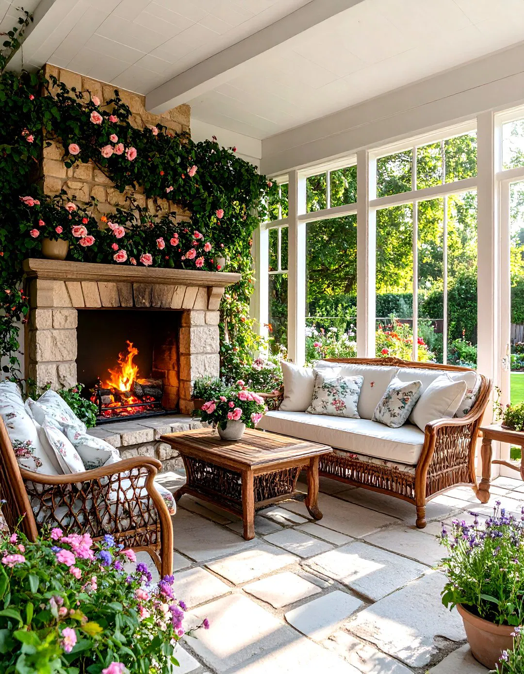 English Cottage Garden Fireplace - Screened Porch Ideas