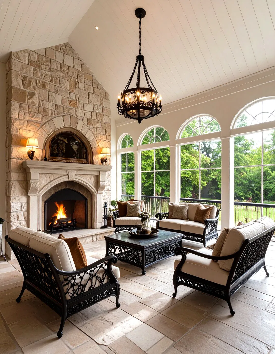 Gothic Revival Stone Fireplace - Screened Porch Ideas