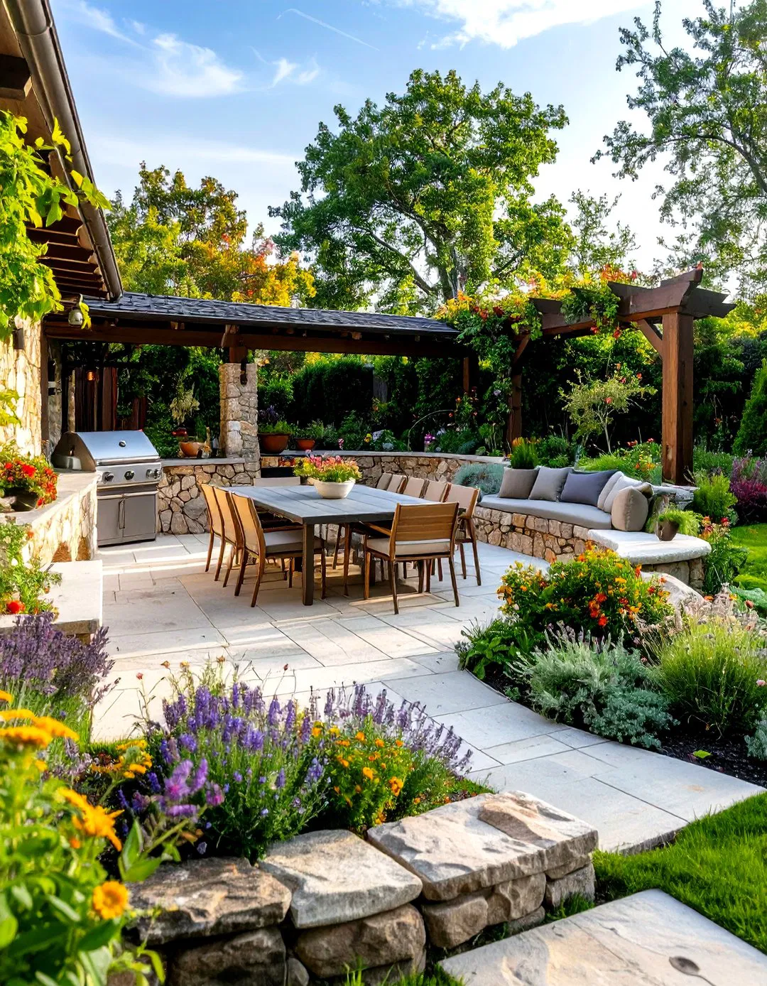 Rustic Stone Patio with Outdoor Kitchen