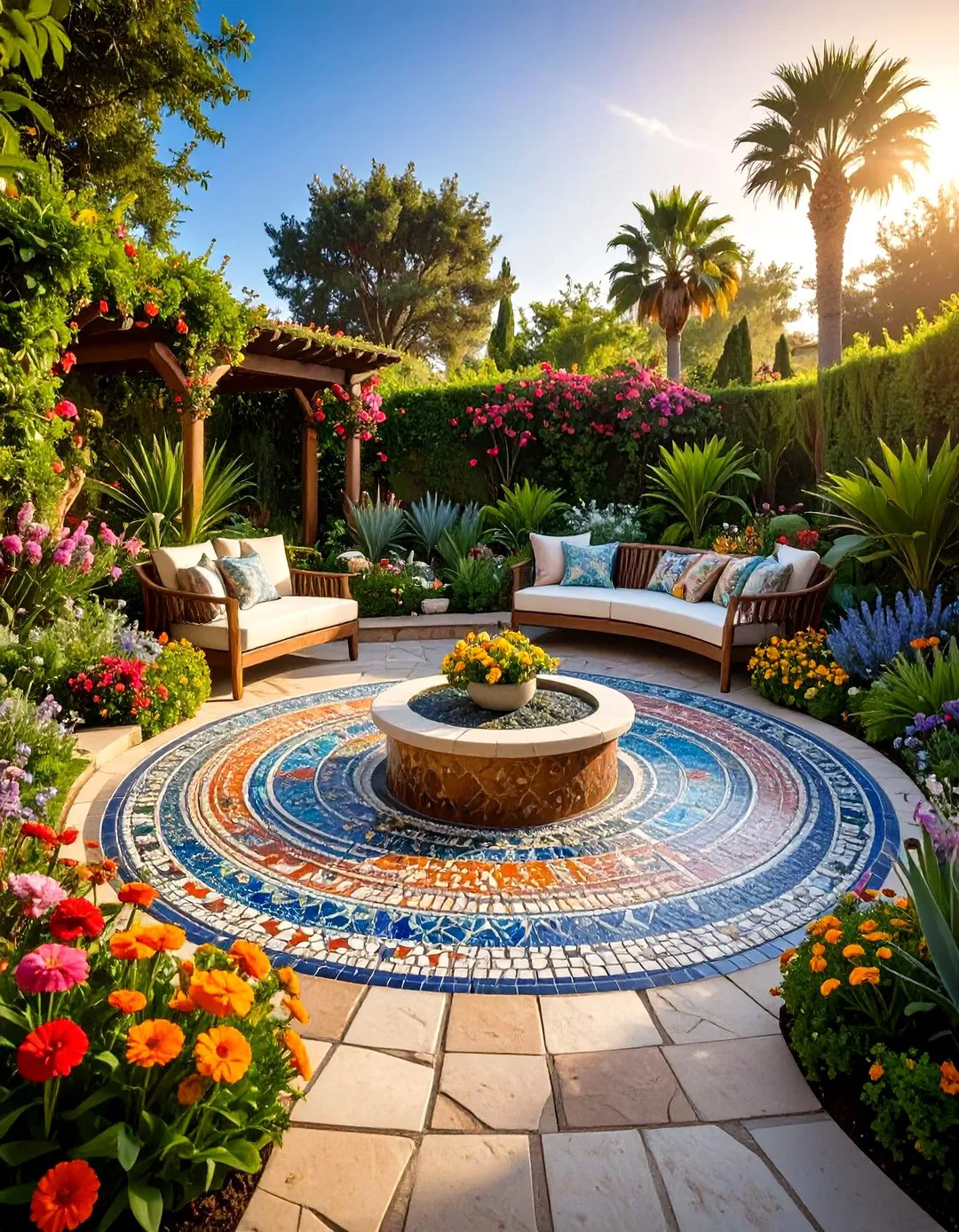 Semi-Circle Patio with Artistic Mosaic Centerpiece