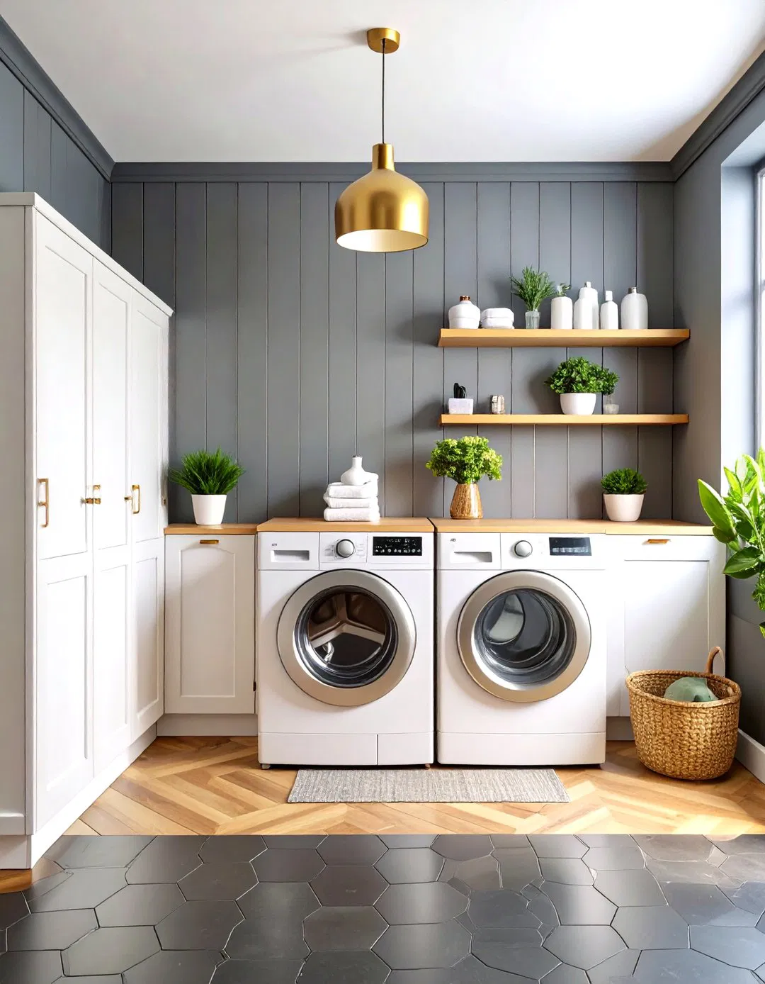 Dark Gray Shiplap Accent Wall with Brass Hardware