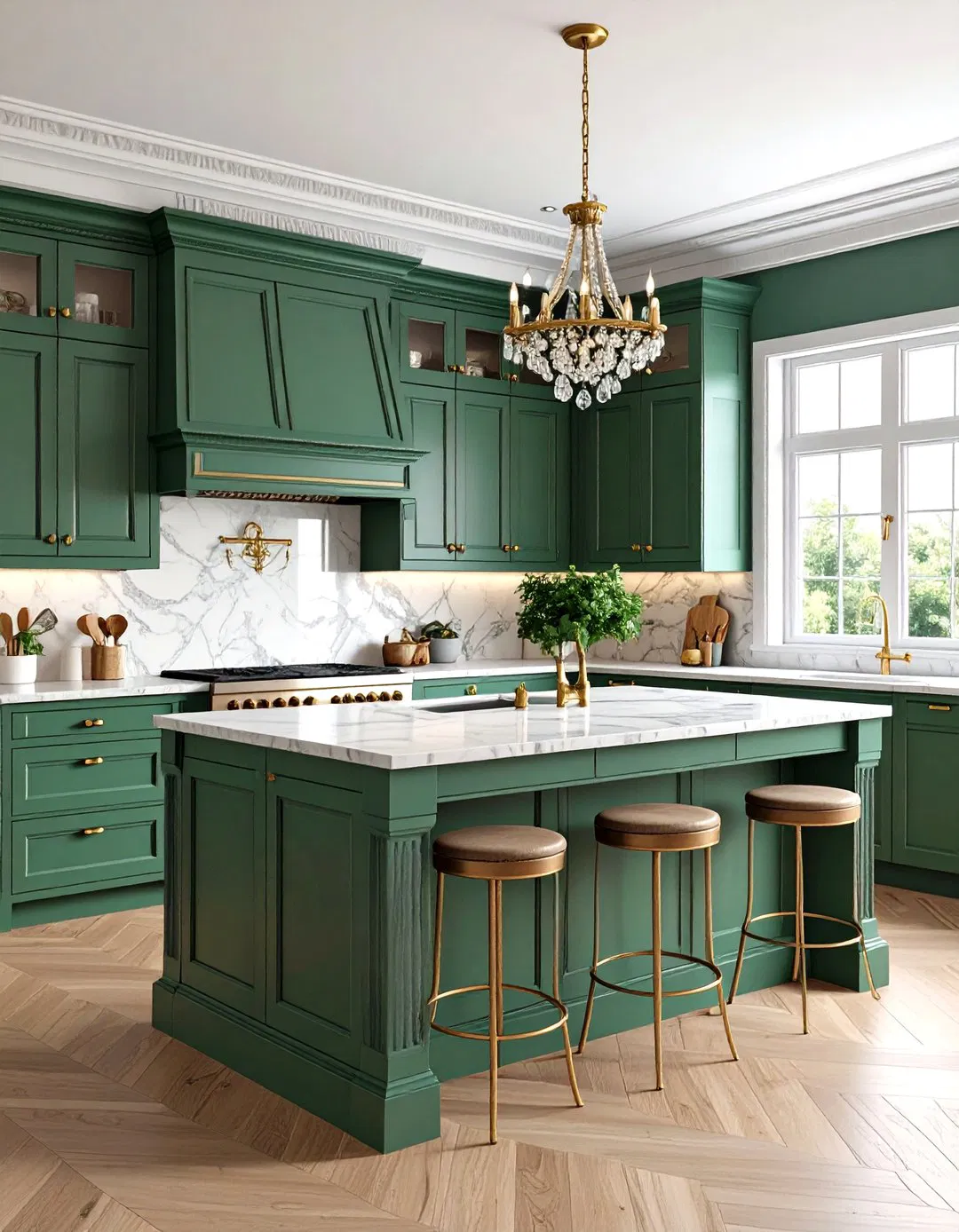 Traditional Sage Green Island with Marble Countertops and Brass Hardware