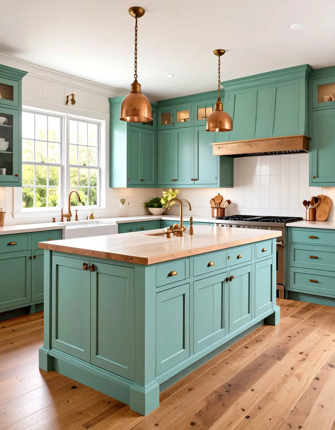 Vintage Inspired Sage Green Island with Copper Farmhouse Sink