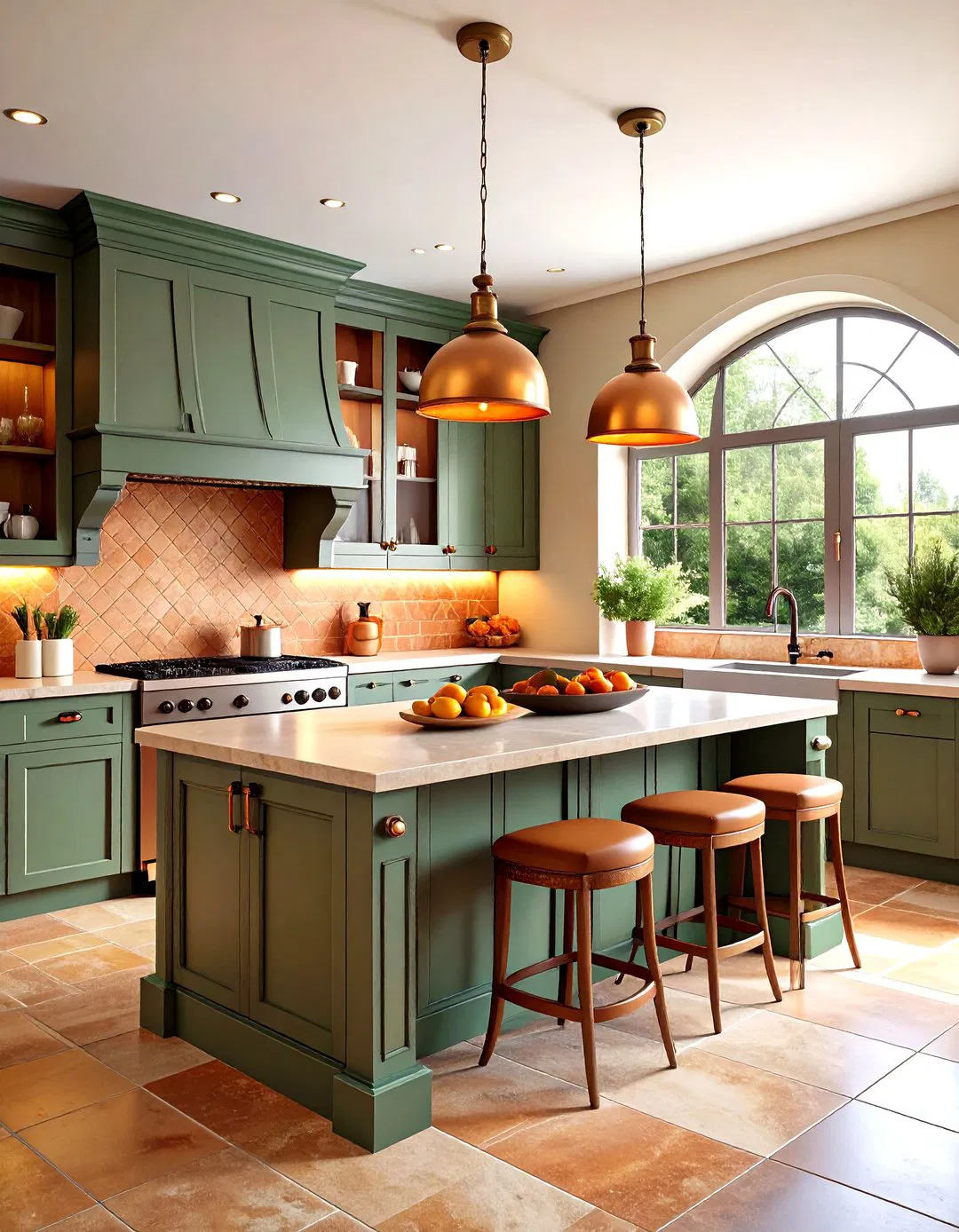 Mediterranean Sage Green Island with Terracotta Tile Backsplash