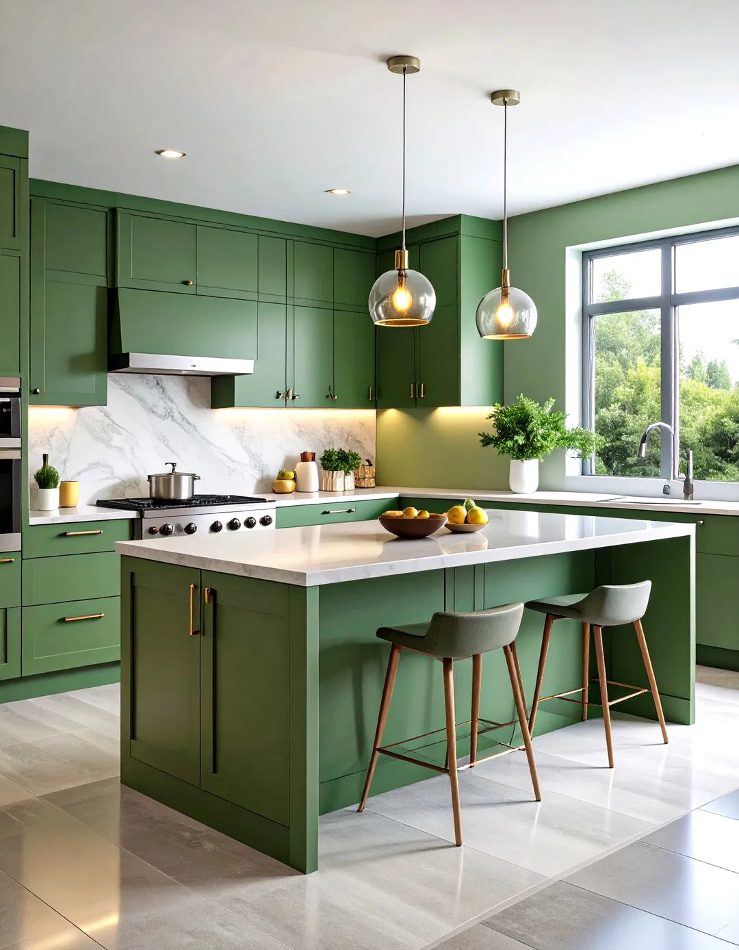 Contemporary Sage Green Island with Glass Pendant Lighting