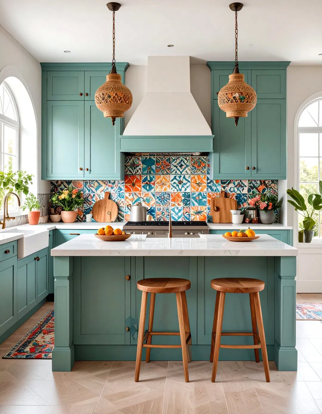 Bohemian Sage Green Island with Eclectic Hardware and Textiles