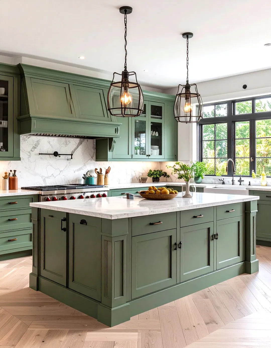 French Country Sage Green Island with Limestone and Wrought Iron