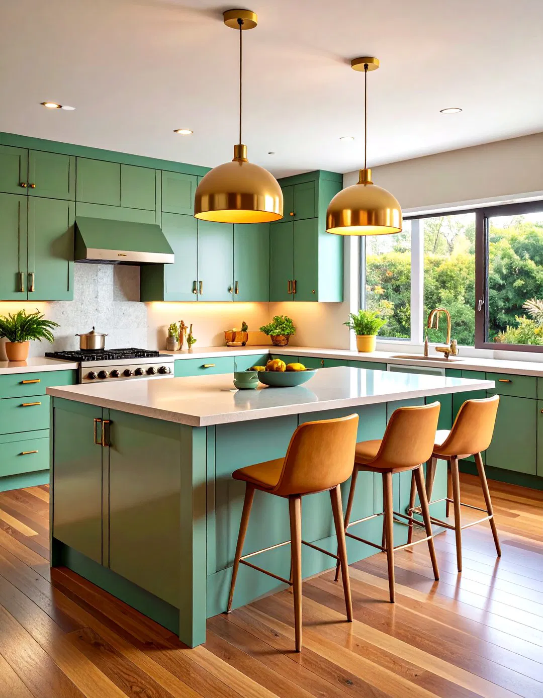 Mid Century Modern Sage Green Island with Walnut Accents