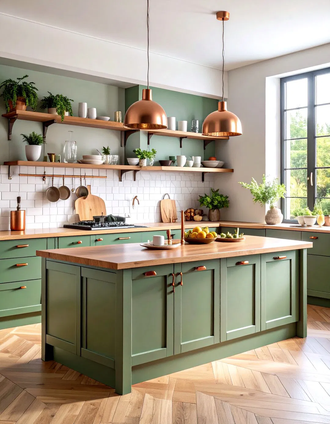 Sage Green Island with Open Shelving and Copper Accents