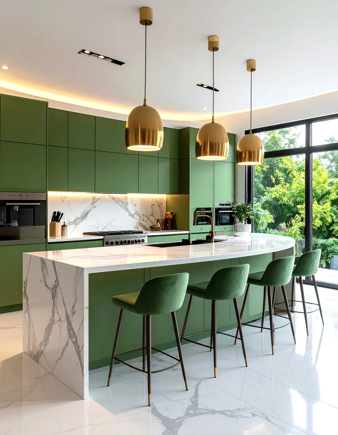 Sage Green Curved Island with Waterfall Marble Edge