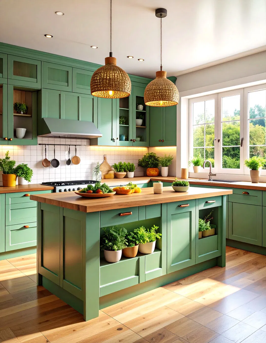 Sage Green Island with Integrated Herb Garden and Natural Elements