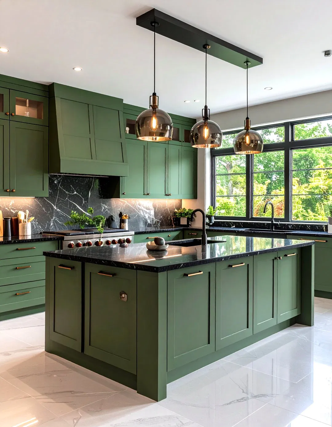 Sage Green Island with Black Granite and Contemporary Hardware