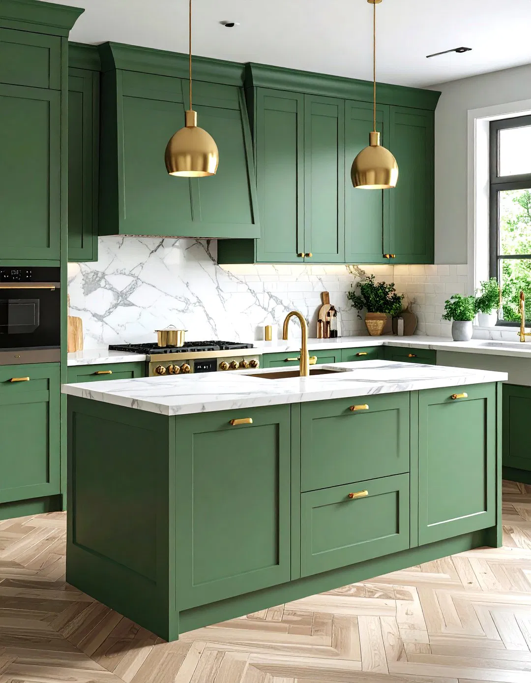Sage Green Kitchen Cabinets with Marble Countertops