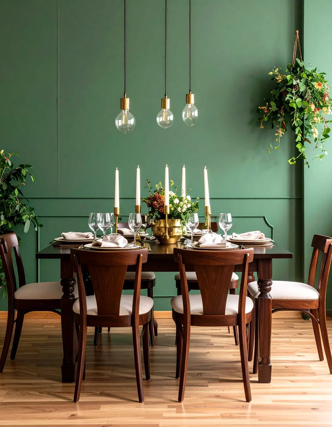 Sage Green Dining Room with Dark Wood Furniture