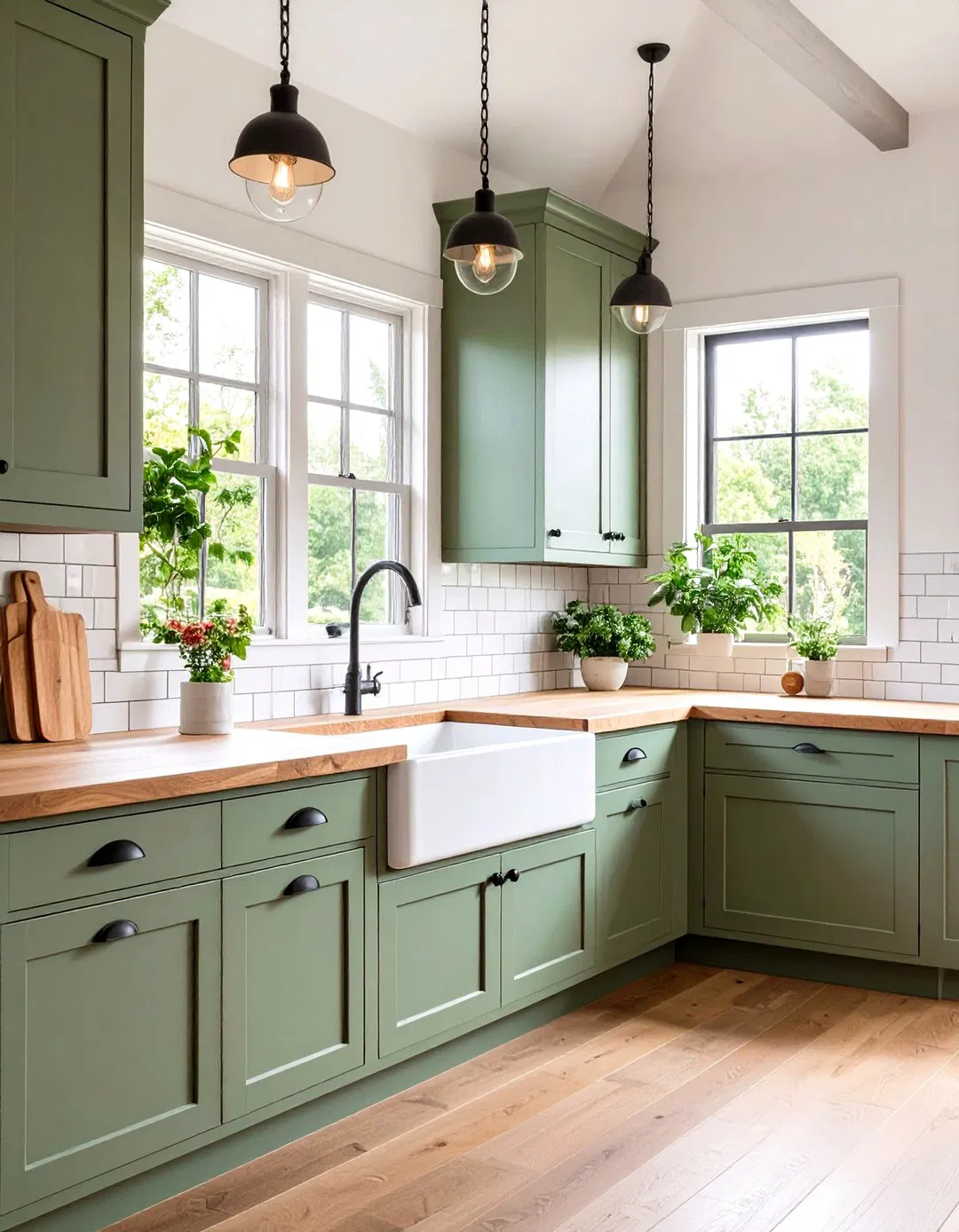 Sage Green Farmhouse Kitchen with Subway Tiles