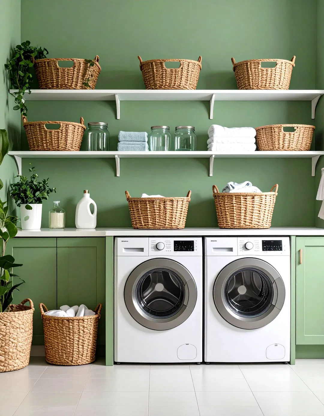 Sage Green Laundry Room with Open Shelving