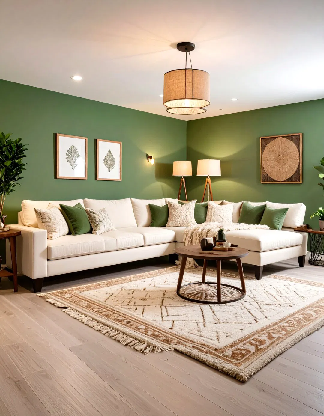 Sage Green Basement with Cozy Seating Area