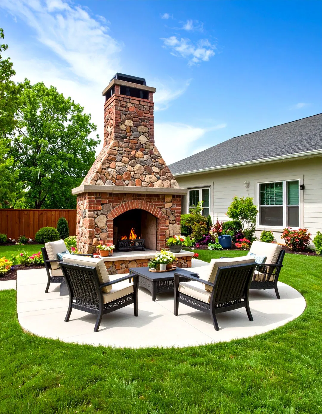 Brick and Stone Combination Outdoor Fireplace
