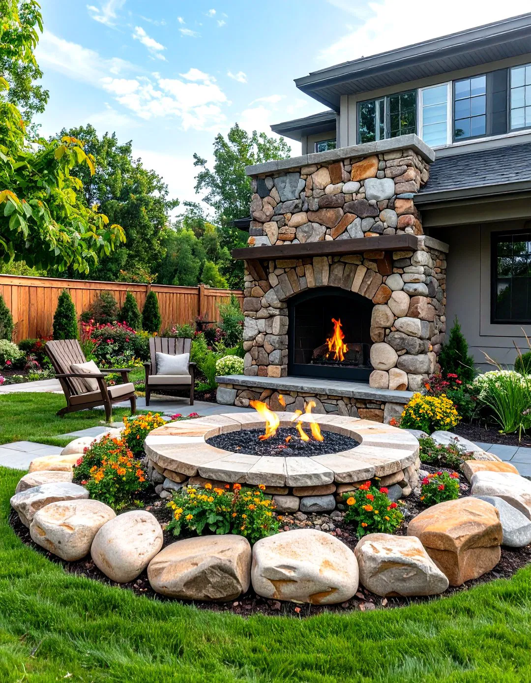 River Rock Outdoor Fireplace with Natural Integration