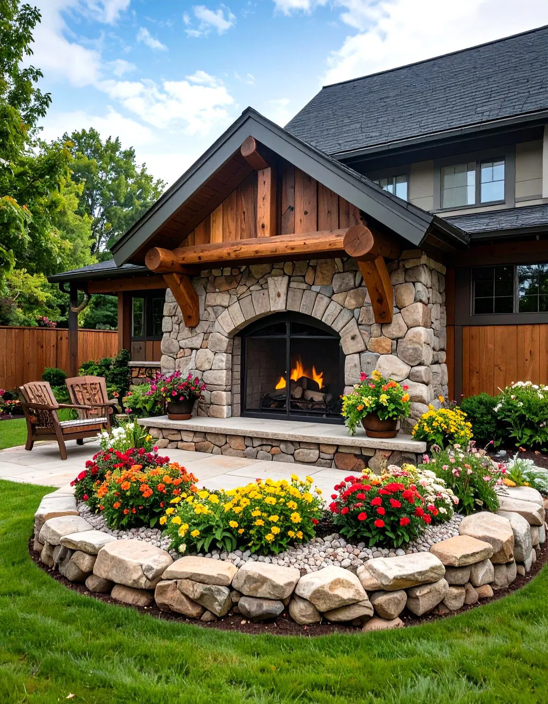 Adirondack Style Outdoor Fireplace with Log Accents