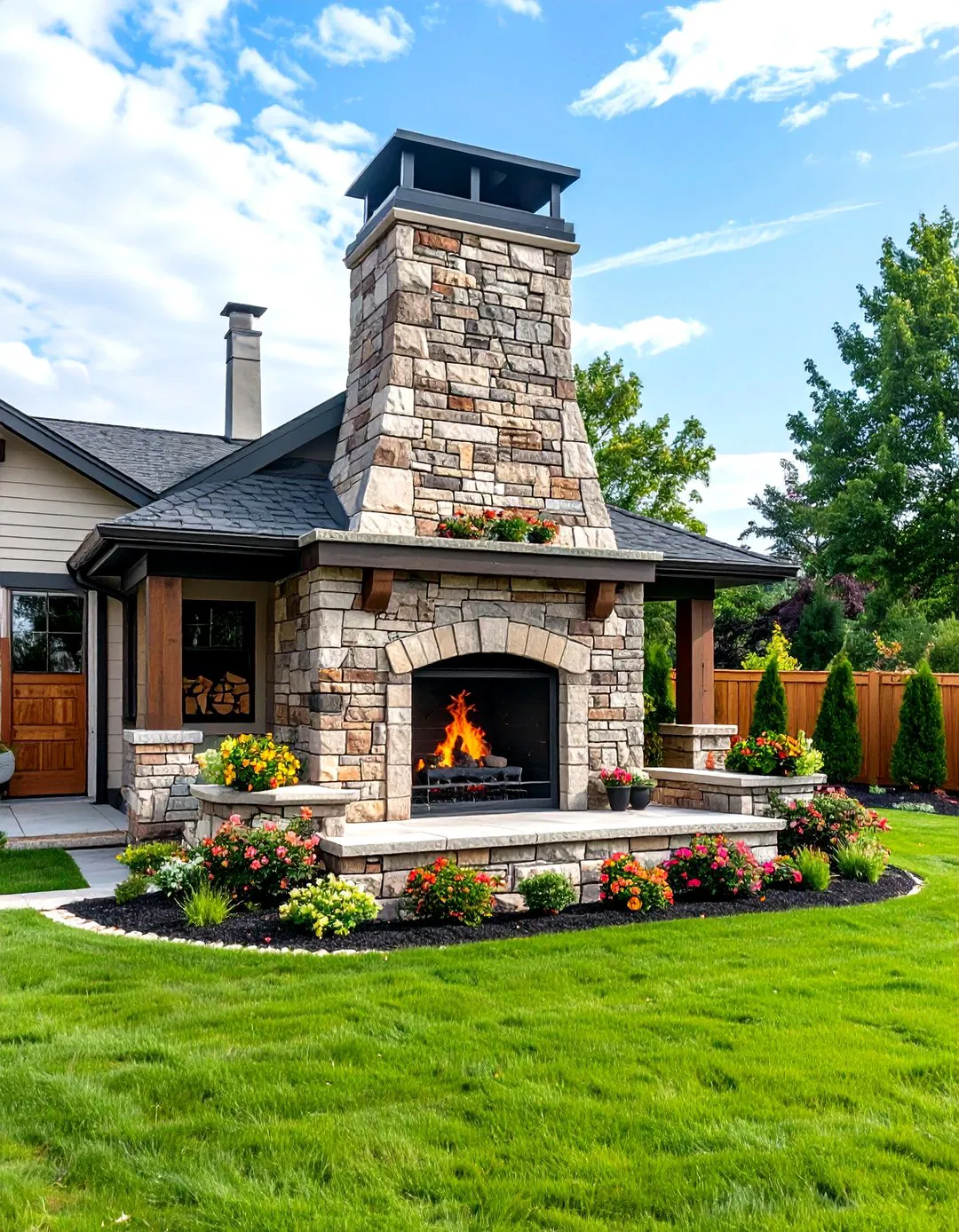 Stacked Stone Fireplace with Integrated Wood Storage