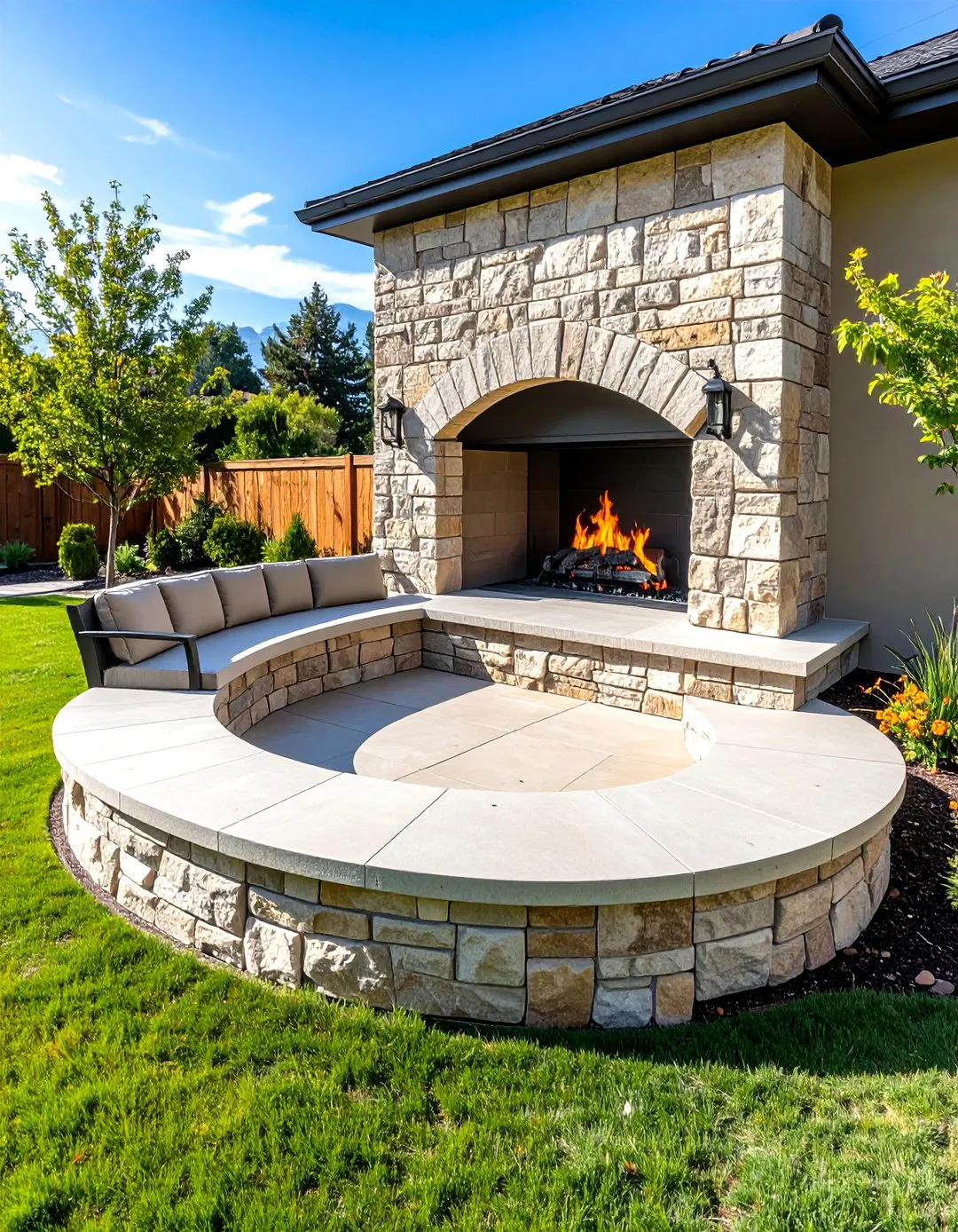 Corner Outdoor Fireplace with Curved Stone Bench