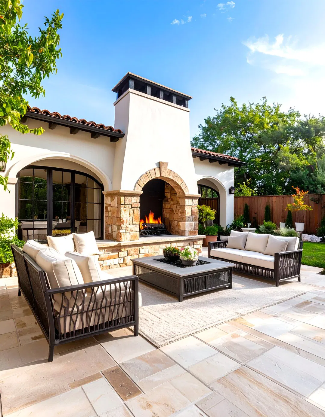 Tuscan Inspired Outdoor Fireplace with Arched Details