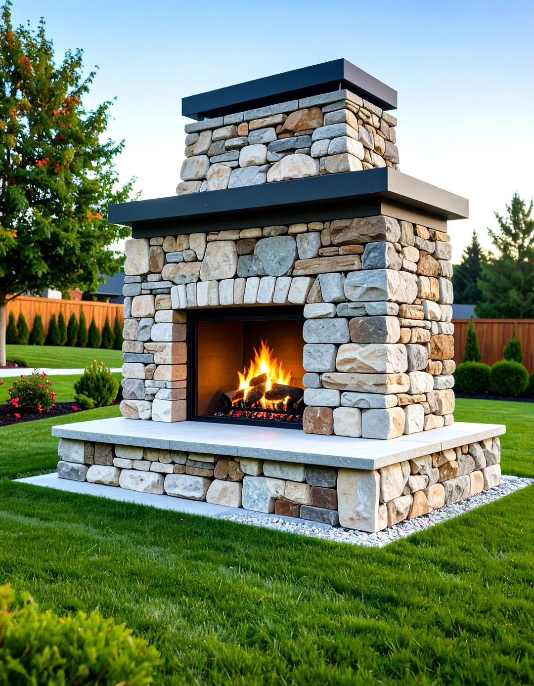 Dry Stacked Stone Outdoor Fireplace Design