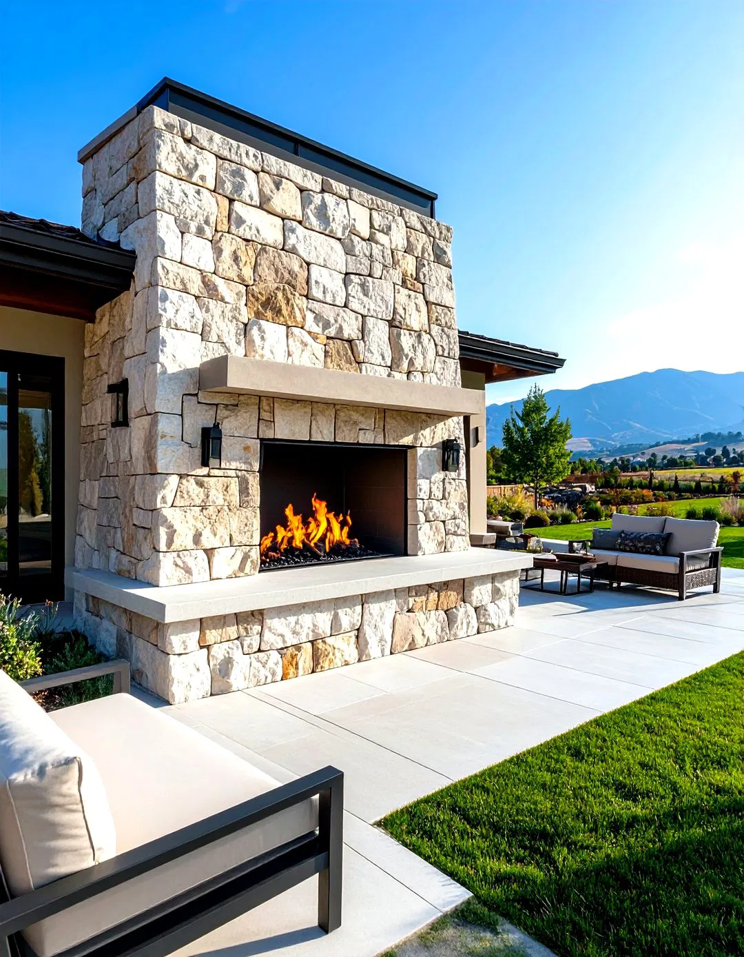 Rough Cut Stone Outdoor Fireplace with Massive Proportions