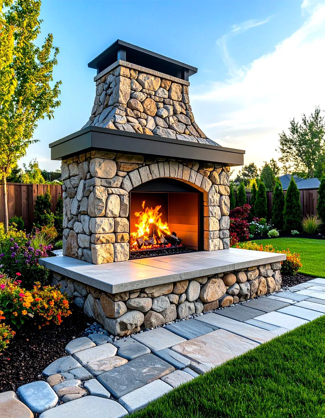 Cobblestone Outdoor Fireplace with Three-Dimensional Texture