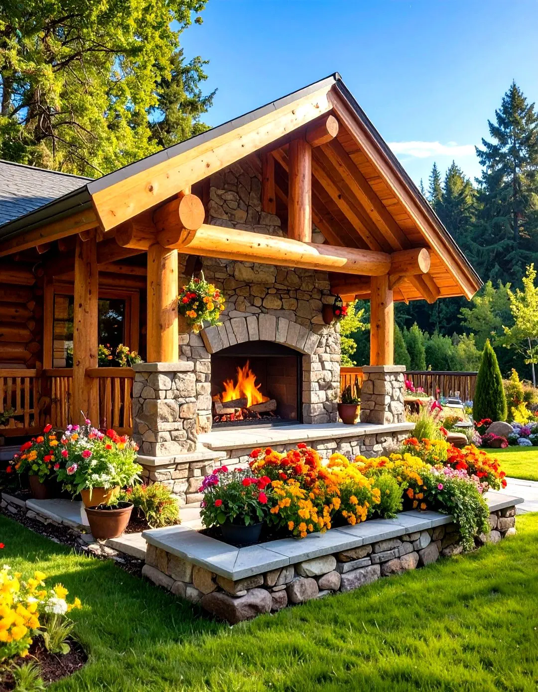Log Cabin Style Outdoor Fireplace with Timber Framing