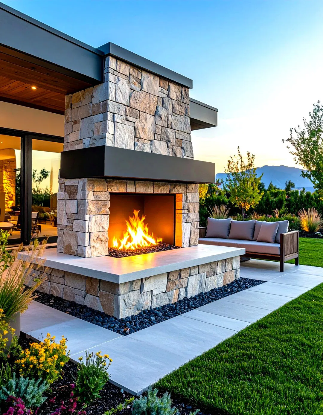 Modern Rustic Outdoor Fireplace with Clean Lines
