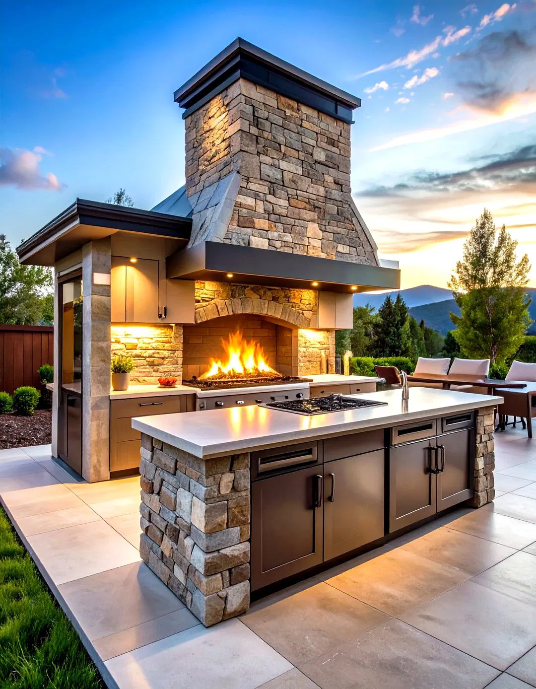 Outdoor Fireplace with Integrated Outdoor Kitchen Features