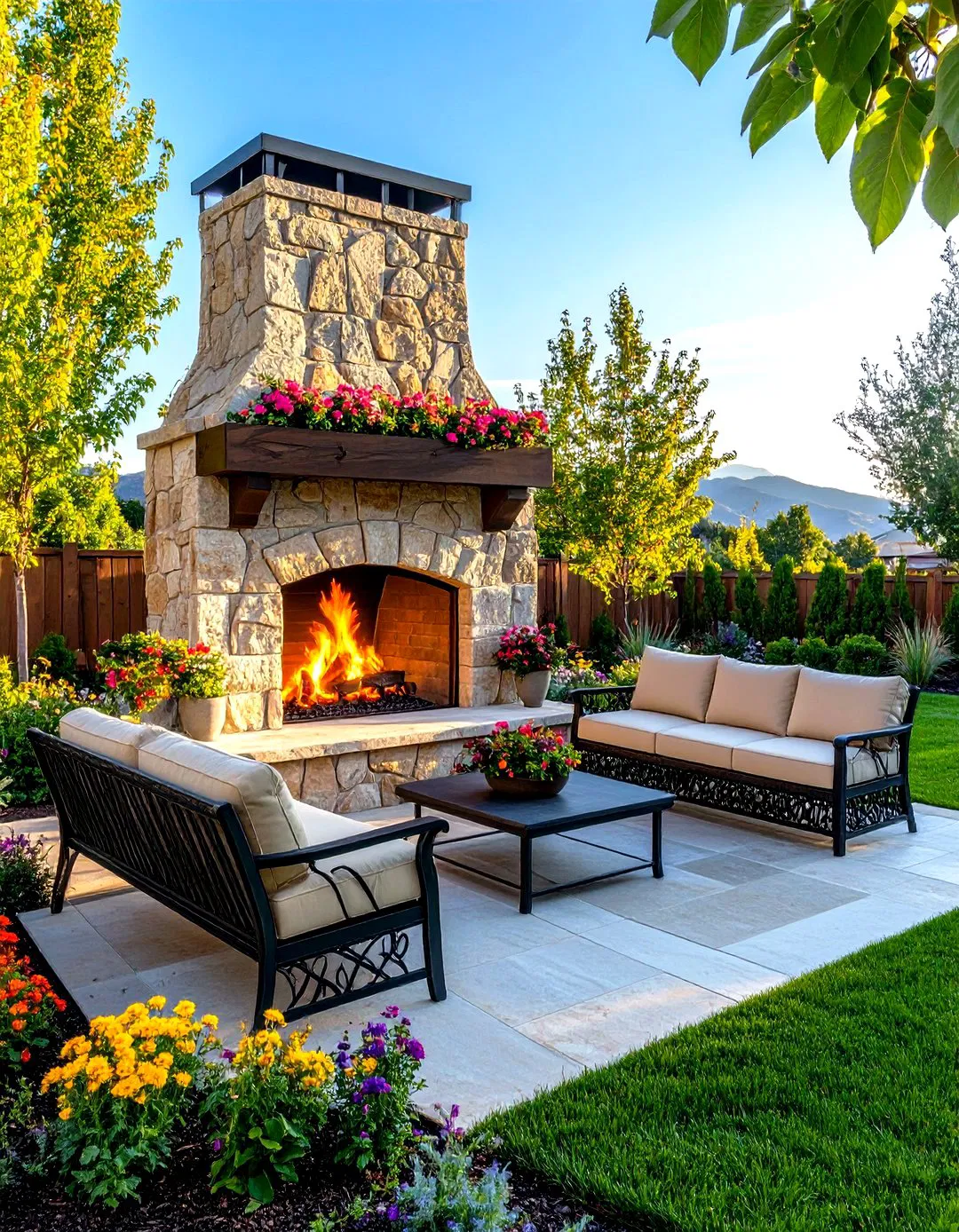 Rustic Outdoor Fireplace with Extended Hearth Seating