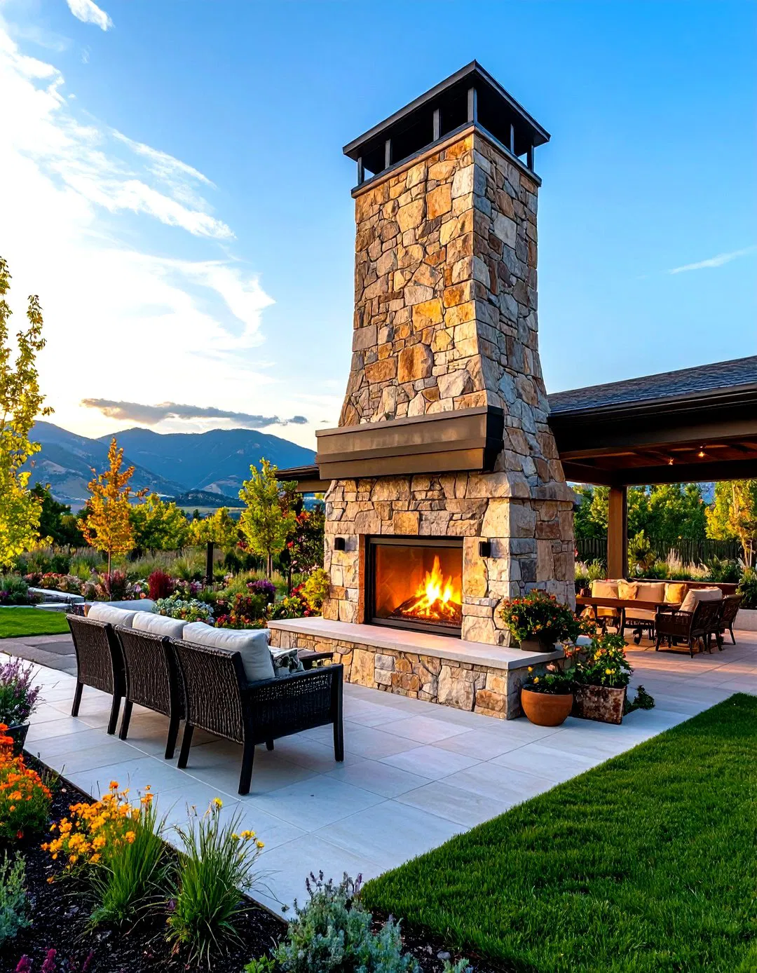 Tall Chimney Outdoor Fireplace with Dramatic Presence