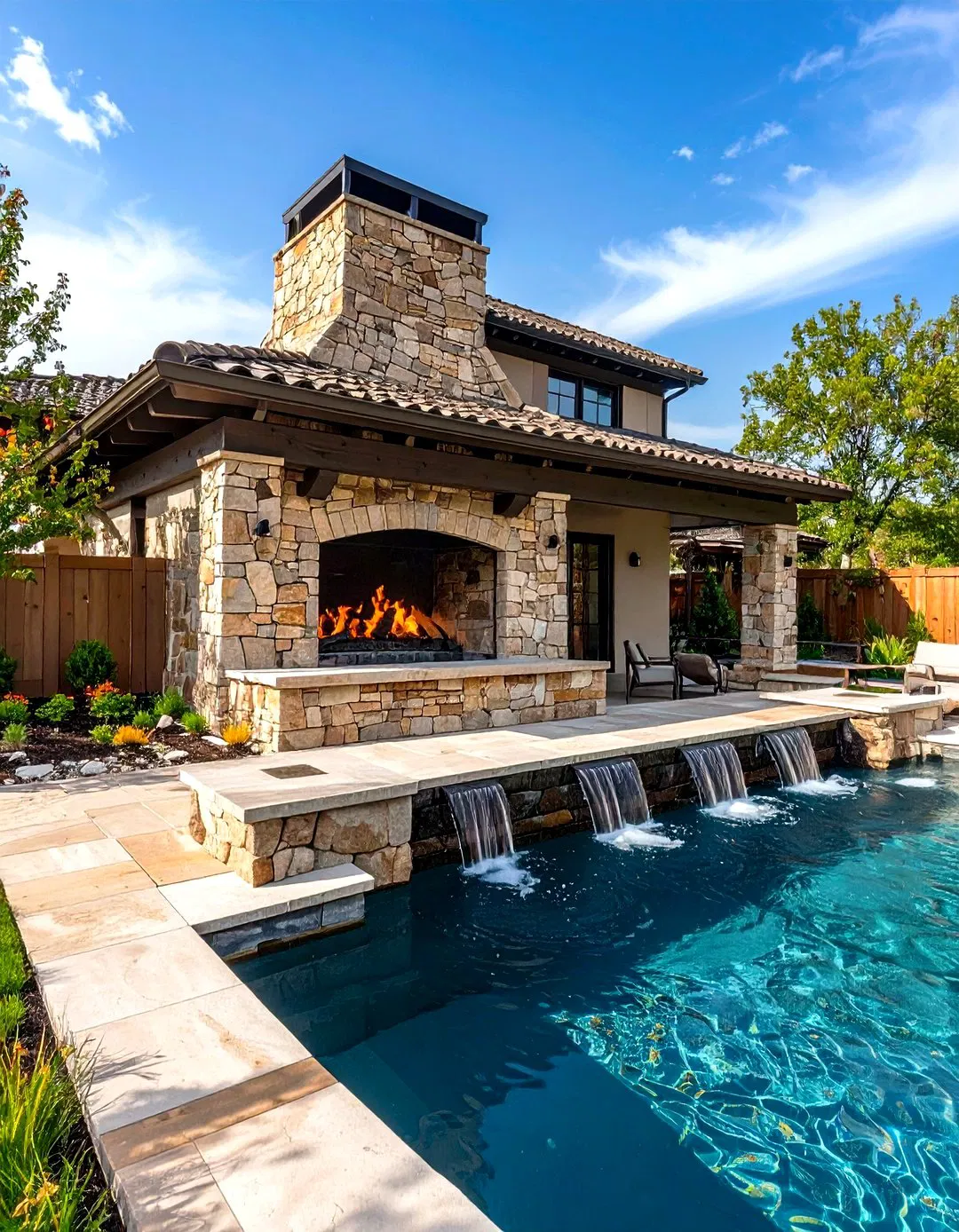Rustic Outdoor Fireplace with Water Feature Integration