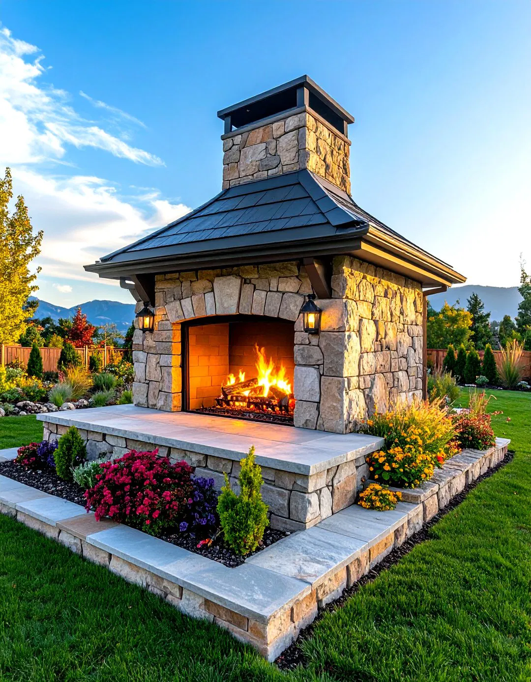 Corner Stone Outdoor Fireplace with Wind Protection