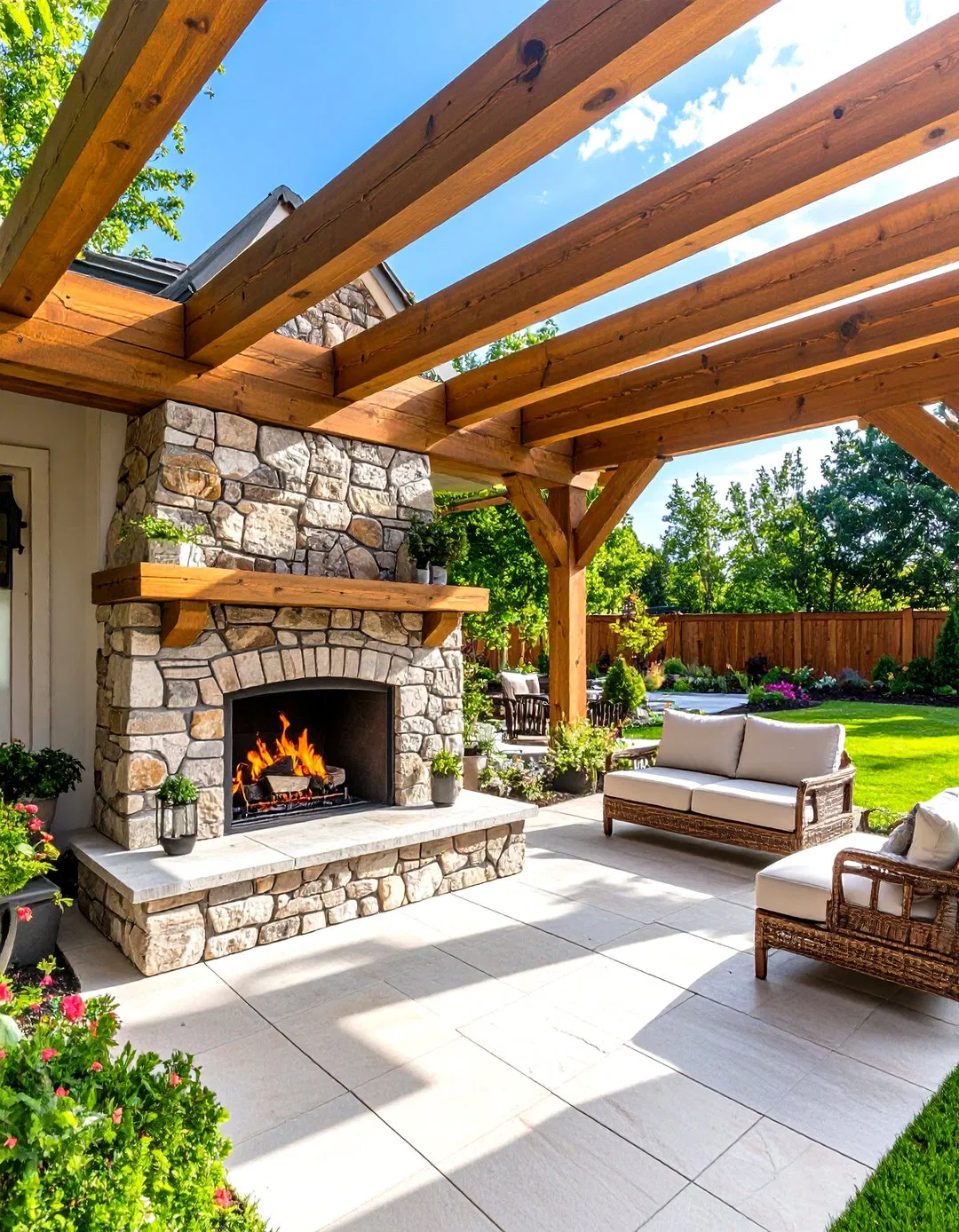 Rustic Outdoor Fireplace with Pergola Integration