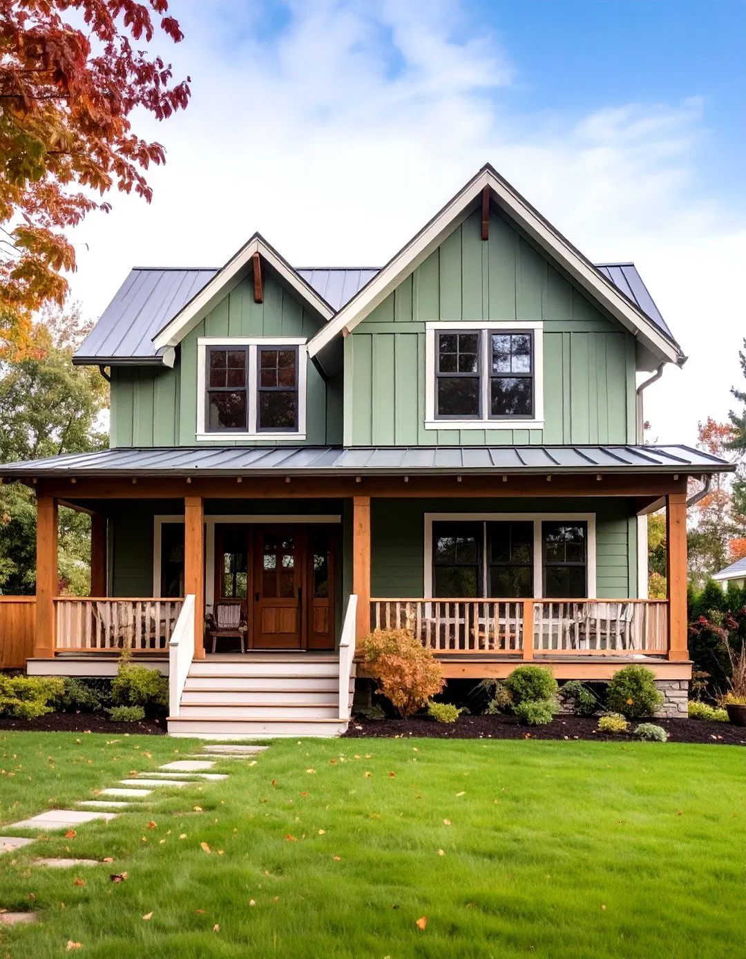 Modern Farmhouse with Sage Green Board and Batten and Brown Trim