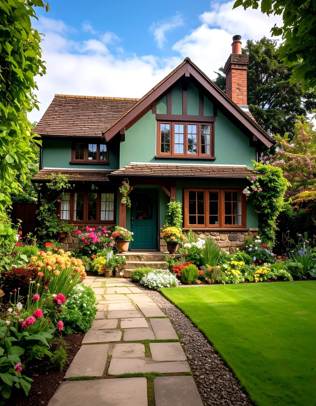 English Cottage with Sage Green Walls and Brown Stone Accents