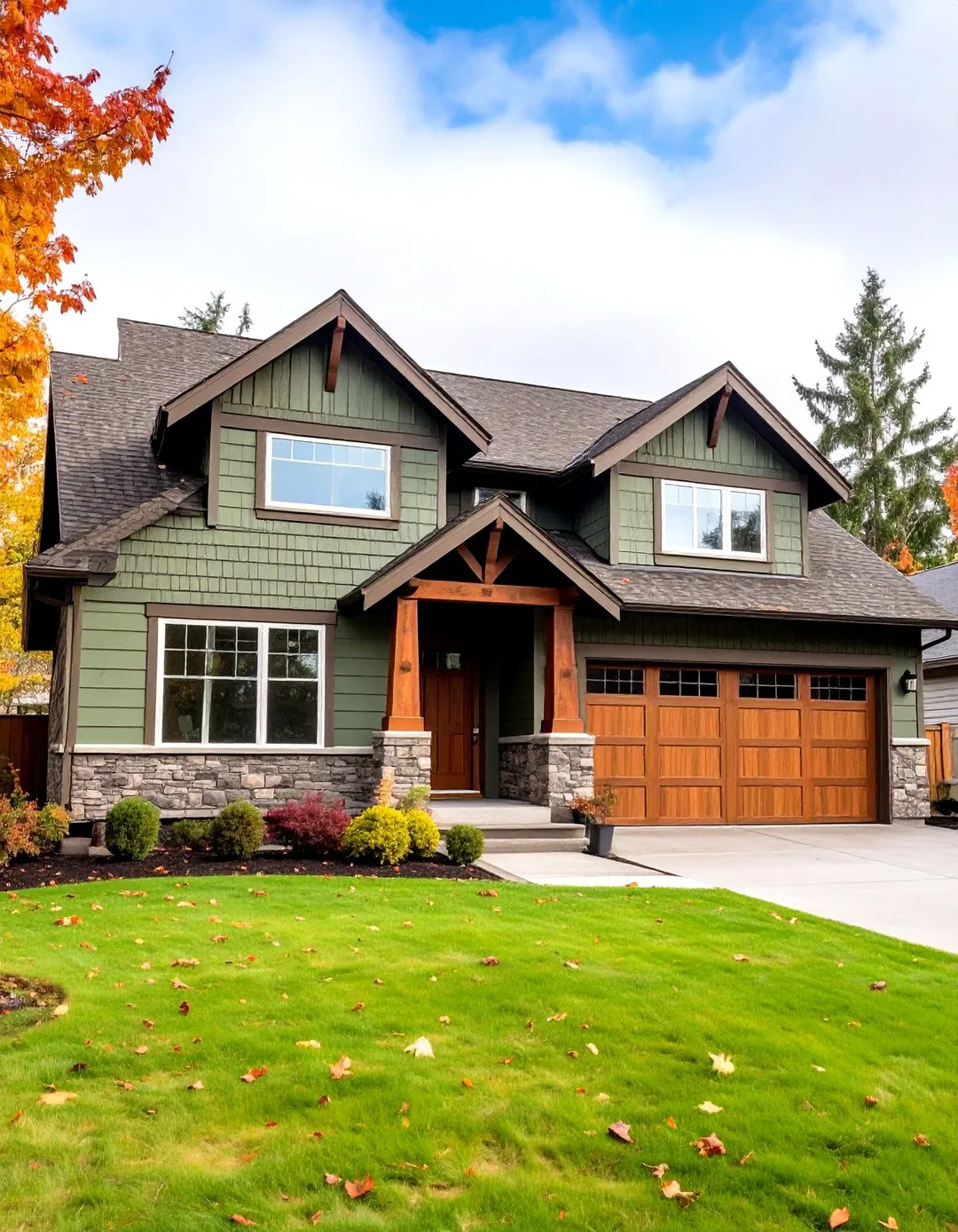 Sage Green Ranch House with Brown Roof and Trim