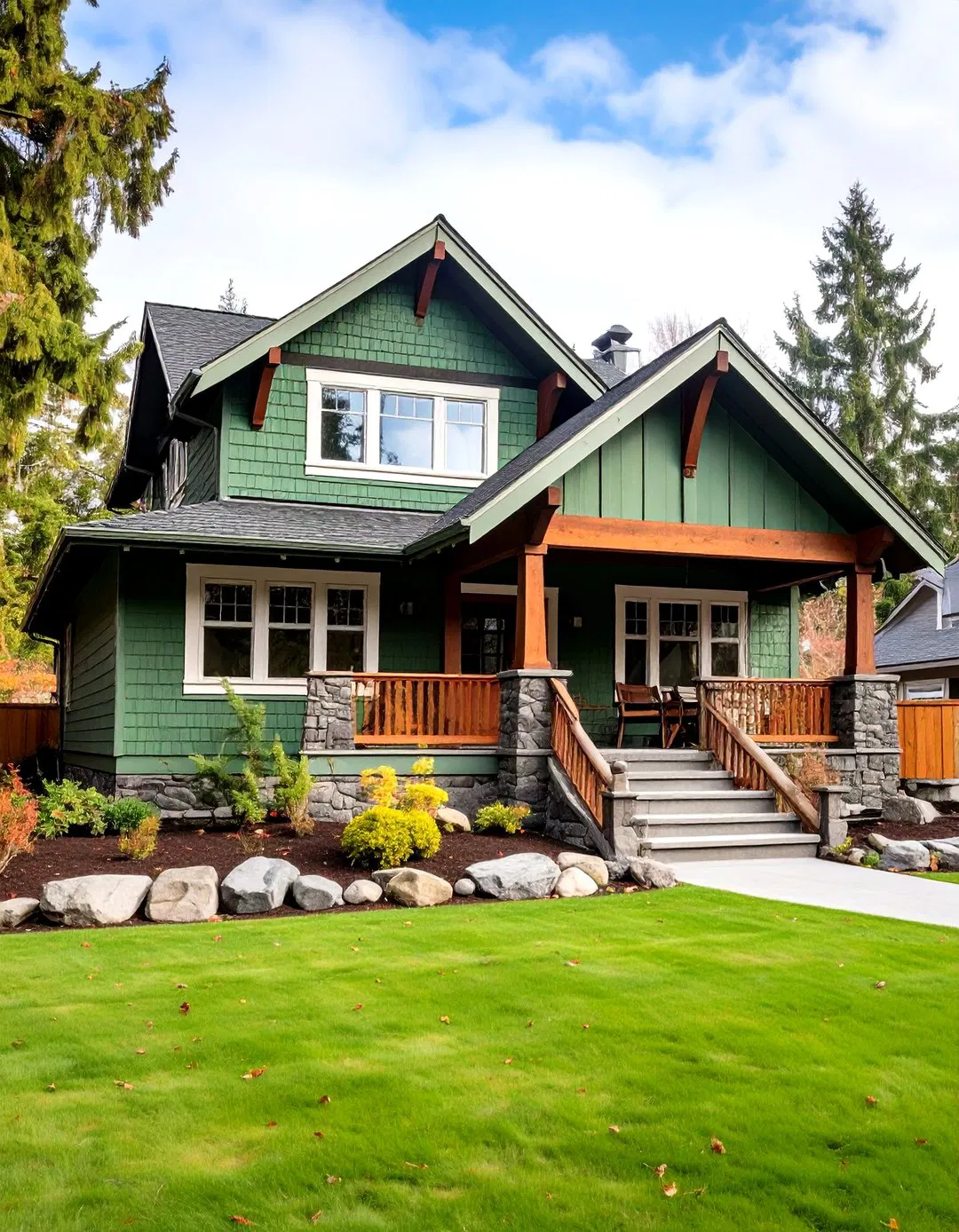 Craftsman Bungalow with Sage Green Siding and Brown Trim