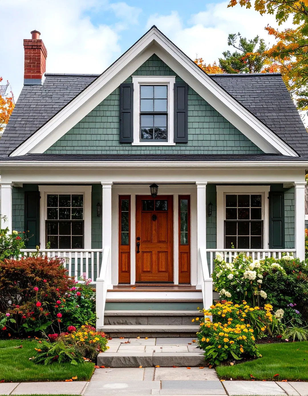 Cape Cod Home with Sage Green Siding and Brown Doors